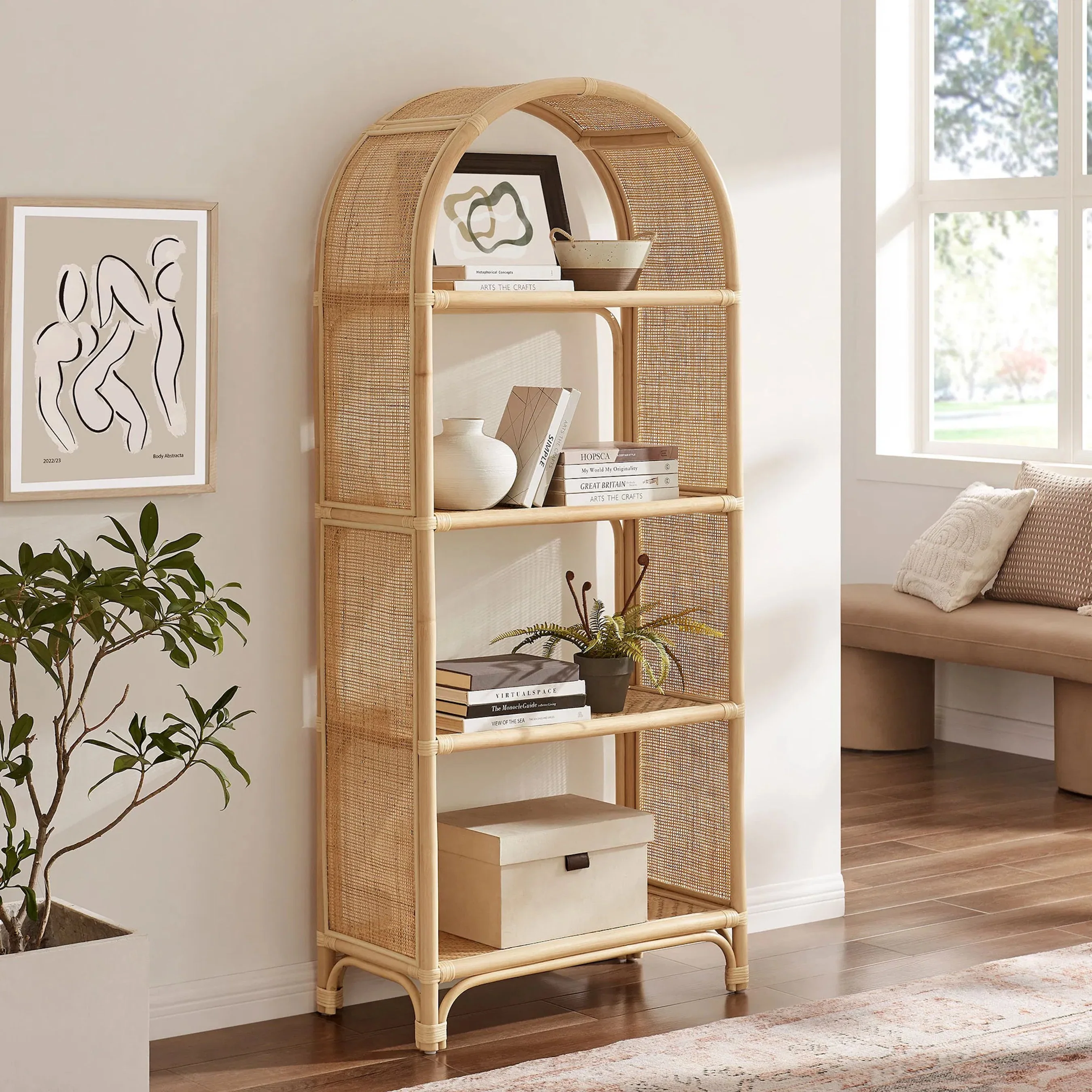 Fresno 67 Inch Tall Arched Natural Rattan Bookshelf - Image 10