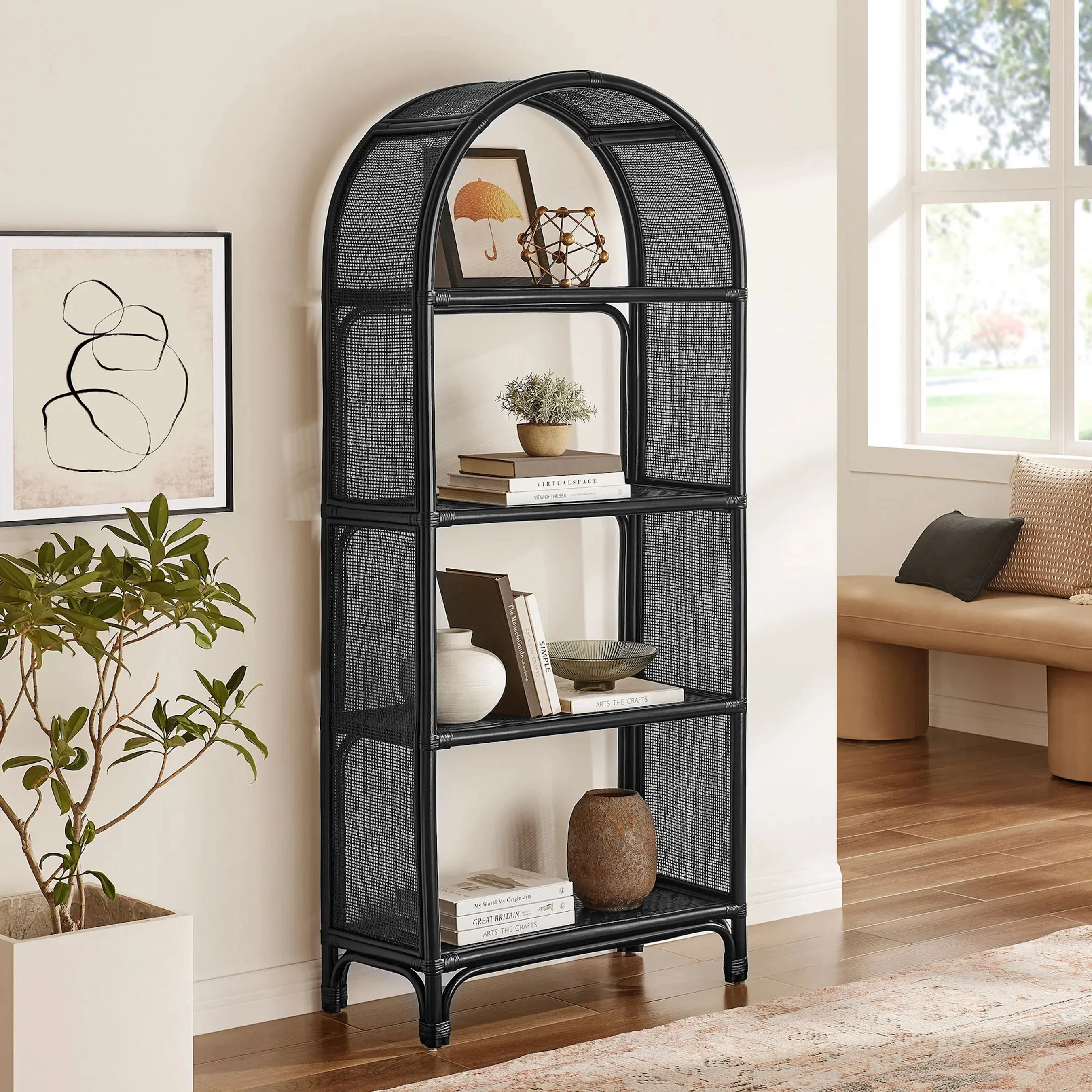 Fresno 67 Inch Tall Arched Natural Rattan Bookshelf - Image 9
