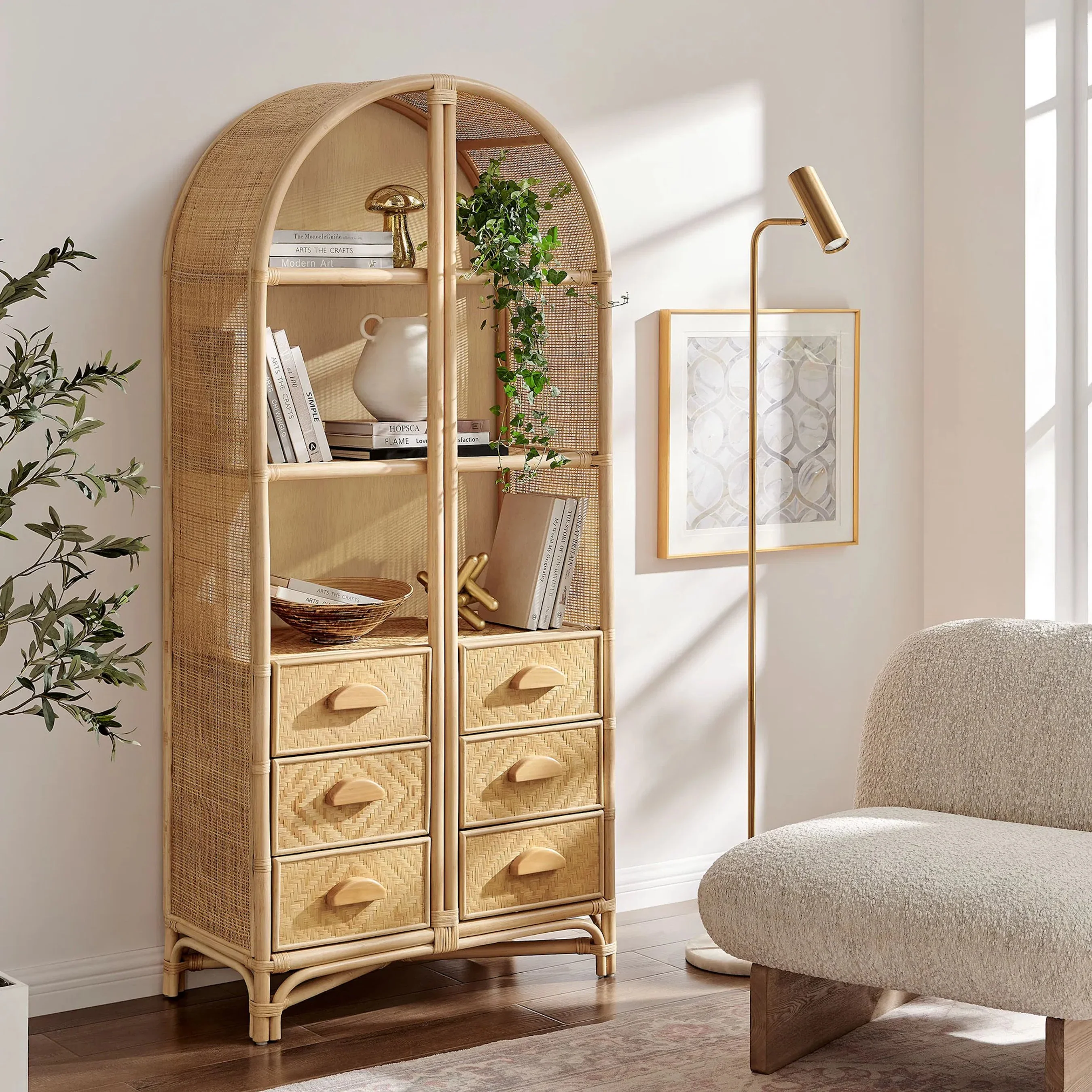 Kleberg 71 Inch Tall Arched Natural Rattan Bookshelf - Image 9